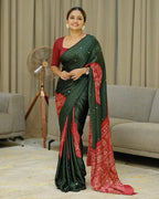 Women’s Forest Green Pure Modal Silk Saree with Rustic Red Folk Art Print & Traditional Designer Pallu