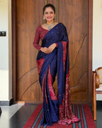 Women’s Royal Navy Blue Pure Modal Silk Saree with Wine Red Folk Art Print & Heritage Designer Pallu