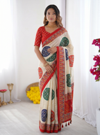 Ivory White & Vermilion Red Pure Modal Silk Saree with Multicolor Mandala Print & Traditional Designer Pallu