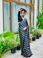 Midnight Black Pure Modal Silk Saree with Ajrakh Inspired Floral Print & Heritage Designer Pall