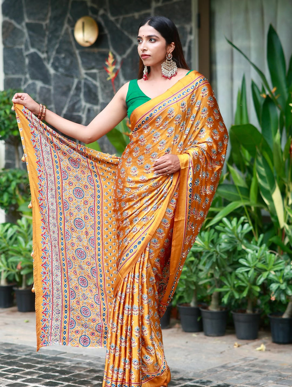 Mustard Gold Pure Modal Silk Saree with Ajrakh Inspired Floral Print & Heritage Designer Pallu