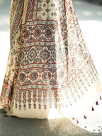 Ivory Modal Silk Ajrakh Printed Saree with Traditional Floral Motifs, Heritage Border & Tassel Detailing