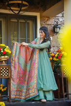 Festive Wear Mehendi Green Kurti Sharara Set with Designer Dupatta
